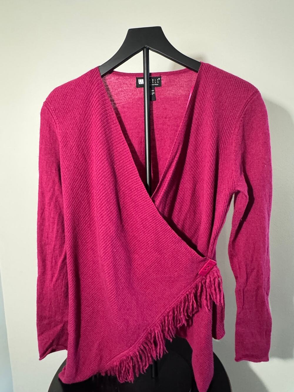 Carole Little 100% Merino Wool Wrap Fringe Cardigan M Magenta